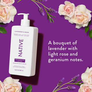 Native Lavender & Rose Moisturizing Lotion bottle with text reading "A bouquet of lavender with light rose and geranium notes"
