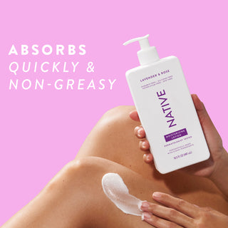 Native Lavender & Rose Moisturizing Lotion bottle being applied to a person's leg, promoting “Absorbs quickly & non-greasy”