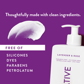 White lotion smear next to text reading "Thoughtfully made with clean ingredients. Free of parabens, silicones, sulfates, dye, vegan & cruelty free"
