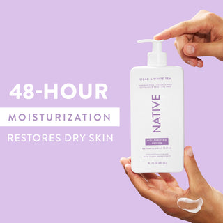 Hand pumping Native Lilac & White Tea Moisturizing Lotion bottle, with “48-Hour Moisturization restores dry skin” text