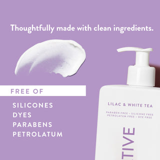White lotion smear next to text reading "Thoughtfully made with clean ingredients. Free of parabens, silicones, sulfates, dye, vegan & cruelty free"