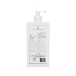 Back view of Native Piece of Cake Moisturizing Lotion bottle showing the ingredient list and directions