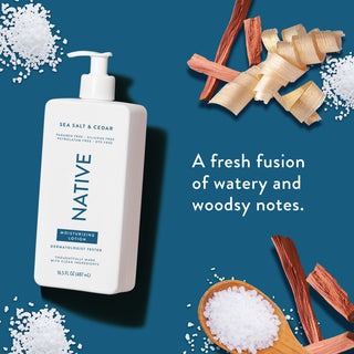 Native Sea Salt & Cedar Moisturizing Lotion bottle with text reading "A fresh fusion of watery and woodsy notes"