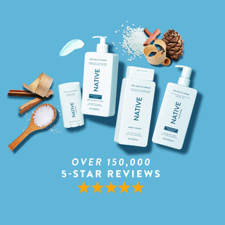 Native Sea Salt & Cedar products arranged with sea salt grains, cedar pieces and pine cones, promoting “Over 150,000, 5-Star Reviews”