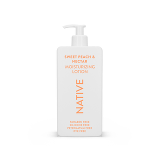 Native Sweet Peach & Nectar Moisturizing Lotion bottle, highlighting paraben free, silicone free, petrolatum free, and dye free