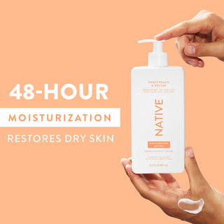 Hand pumping Native Sweet Peach & Nectar Moisturizing Lotion bottle, with “48-Hour Moisturization restores dry skin” text