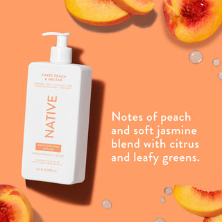 Native Sweet Peach & Nectar Moisturizing Lotion bottle with text reading "Notes of peach and soft jasmine blend with citrus and leafy greens"