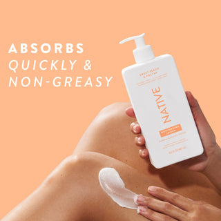 Native Sweet Peach & Nectar Moisturizing Lotion bottle being applied to a person's leg, promoting “Absorbs quickly & non-greasy”