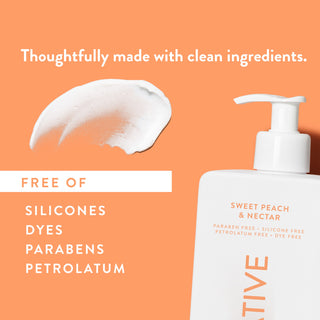 White lotion smear next to text reading "Thoughtfully made with clean ingredients. Free of parabens, silicones, sulfates, dye, vegan & cruelty free"