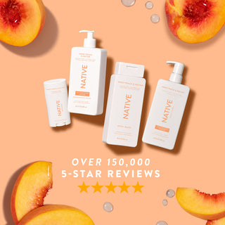 Native Sweet Peach & Nectar products arranged with peach slices, promoting “Over 150,000, 5-Star Reviews”