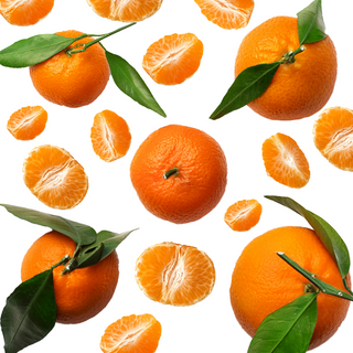 Arrangement of whole tangerines with leaves and tangerine slices