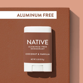 Native Coconut & Vanilla Deodorant Stick with text above "Aluminum free"