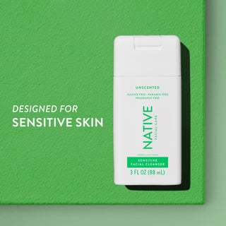 Native Unscented Sensitive Facial Cleanser next to Designed for sensitive skin text