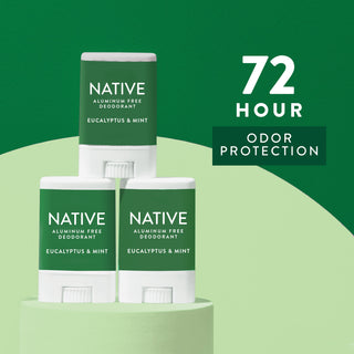 Arrangement of three Native Eucalyptus & Mint Deodorant Stick with text reading "72-Hour odor protection"