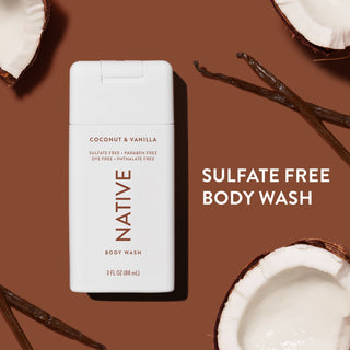 Native Coconut & Vanilla Body Wash next to "Sulfate Free Body Wash" text