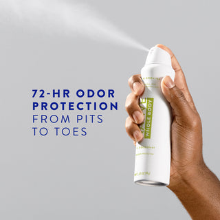 Hand holding Native Whole Body Deodorant in Aloe & Green Tea scent spraying with text reading 72-HR odor protection from pits to toes