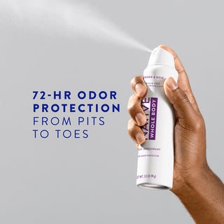 Hand holding Native Whole Body Deodorant in Lavender & Rose scent spraying with text reading "72-HR odor protection from pits to toes"