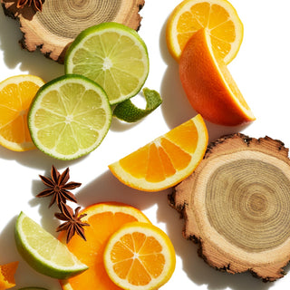 Arrangement of lemon slices, orange slices, and wood pieces