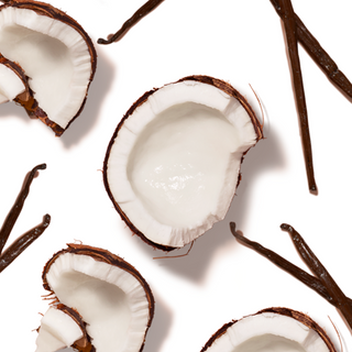 Arrangement of coconut halves and vanilla pods