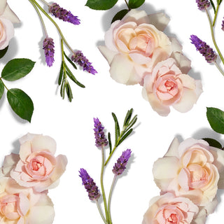 Arrangement of lavender leaves and light roses