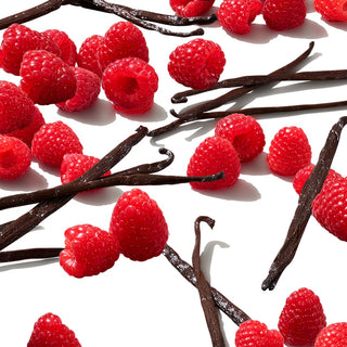 Arrangement of raspberries and vanilla pods