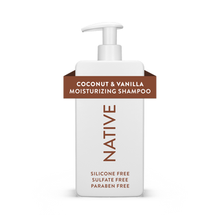 Native Coconut & Vanilla Moisturizing Shampoo bottle with text reading “Silicone Free, Sulfate Free, Paraben Free”