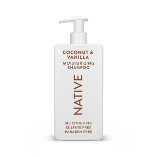 Native Coconut & Vanilla Moisturizing Shampoo bottle with text reading “Silicone Free, Sulfate Free, Paraben Free”