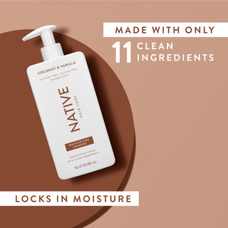 Native Coconut & Vanilla Moisturizing Shampoo with text reading “Made with only 11 clean ingredients” and “Locks in moisture”