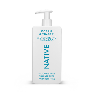 Native Ocean & Timber Moisturizing Shampoo bottle with text reading “Silicone Free, Sulfate Free, Paraben Free”