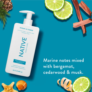 Native Ocean & Timber Moisturizing Shampoo with text reading “Marine notes mixed with bergamot, cedarwood & musk”