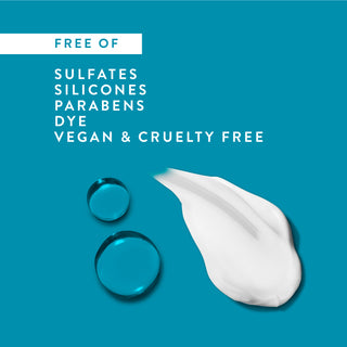 Drops of water and shampoo with text reading “Free of sulfates, silicones, parabens, dye, vegan & cruelty free”