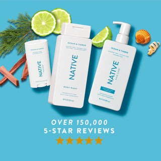 Native Ocean & Timber product collection with text reading “Over 150,000, 5-star reviews” and five yellow stars