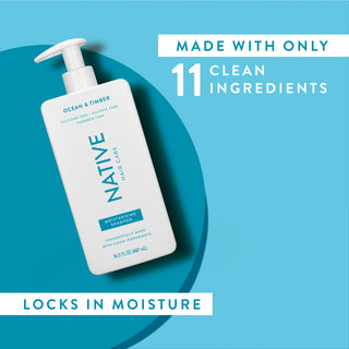 Native Ocean & Timber Moisturizing Shampoo with text reading “Made with only 11 clean ingredients” and “Locks in moisture”