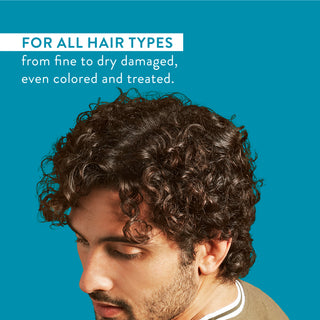 Man with curly hair and text reading “For all hair types from fine to dry damaged, even colored and treated”