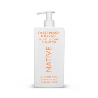 Native Sweet Peach & Nectar Moisturizing Shampoo bottle with text reading “Silicone Free, Sulfate Free, Paraben Free”