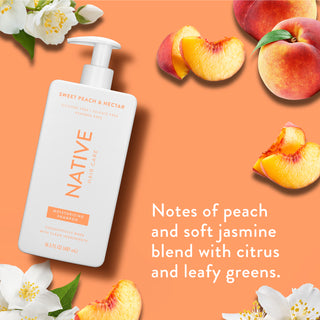 Native Sweet Peach & Nectar Moisturizing Shampoo with text reading “Notes of peach and soft jasmine blend with citrus and leafy greens”