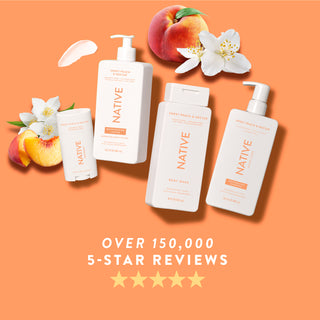 Native Sweet Peach & Nectar product collection with text reading “Over 150,000, 5-star reviews” and five yellow stars