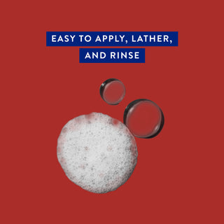 Drops of water and shampoo with text reading “Easy to apply, lather, and rinse”