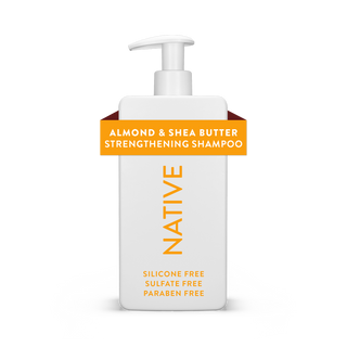 Native Almond & Shea Butter Strengthening Shampoo bottle with text reading “Silicone Free, Sulfate Free, Paraben Free”