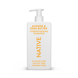 Native Almond & Shea Butter Strengthening Shampoo bottle with text reading “Silicone Free, Sulfate Free, Paraben Free”
