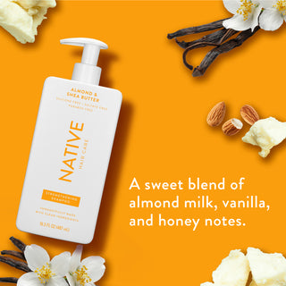 Native Almond & Shea Butter Strengthening Shampoo with text reading “A sweet blend of almond milk, vanilla, and hone notes”