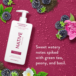 Native Blackberry & Green Tea Strengthening Shampoo with text reading “Sweet watery notes spiked with green tea, peony, and basil”