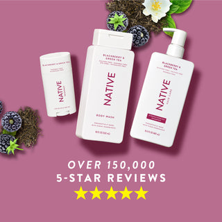 Native Blackberry & Green Tea product collection with text reading “Over 150,000, 5-star reviews” and five yellow stars