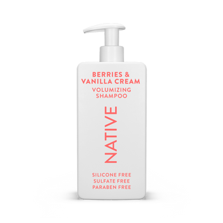 Native Berries & Vanilla Cream Volumizing Shampoo bottle with text reading “Silicone Free, Sulfate Free, Paraben Free”