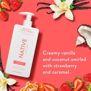 Native Berries & Vanilla Cream Volumizing Shampoo with text reading “Creamy vanilla and coconut swirled with strawberry and caramel”