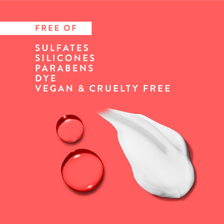 Drops of water and shampoo with text reading “Free of sulfates, silicones, parabens, dye, vegan & cruelty free”