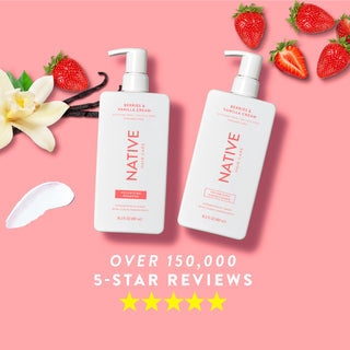 Native Berries & Vanilla Cream product collection with text reading “Over 150,000, 5-star reviews” and five yellow stars