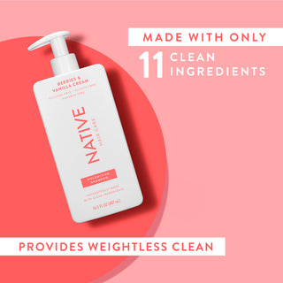 Native Berries & Vanilla Cream Volumizing Shampoo with text reading “Made with only 11 clean ingredients” and “Locks in moisture”