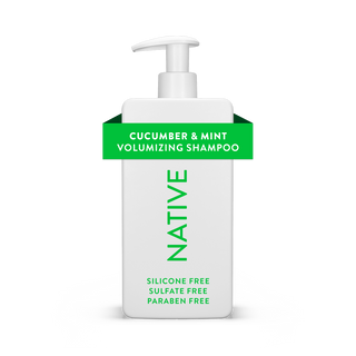 Native Cucumber & Mint Volumizing Shampoo bottle with text reading “Silicone Free, Sulfate Free, Paraben Free”