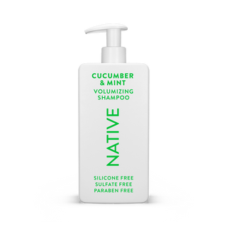 Native Cucumber & Mint Volumizing Shampoo bottle with text reading “Silicone Free, Sulfate Free, Paraben Free”